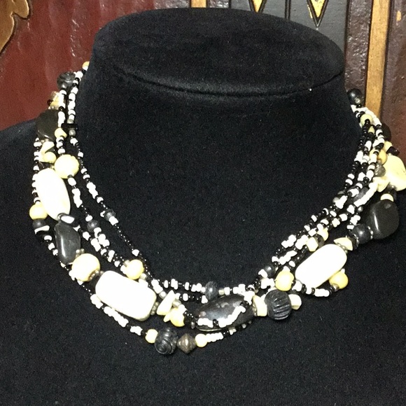 Black White Seed Beaded and Carved Beads Bohemian Necklace 18”L Adj Handmade EVC - Picture 2 of 10